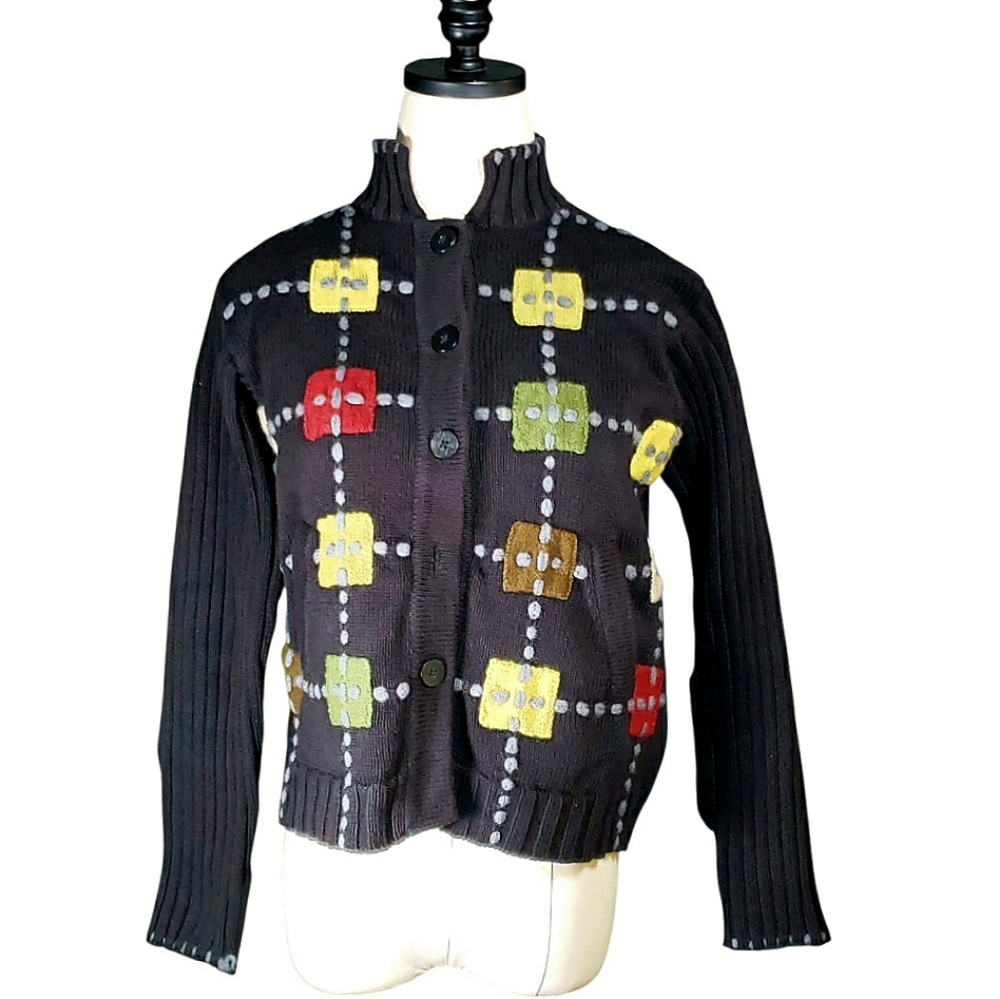 Vintage Cotton Mockneck Geometric Lagenlook Artsy Sweater Cardigan Pockets Sz S